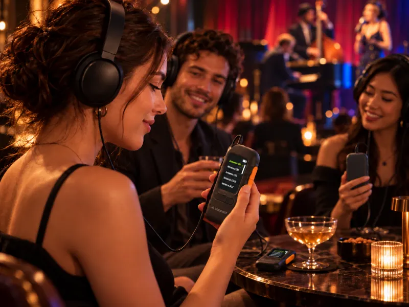 oyentes con auriculares y receptor cover&cover en un club de jazz